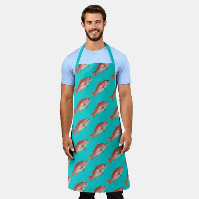 Tablier Red Snapper Pattern Turquoise Kitchen Apron (Porté)