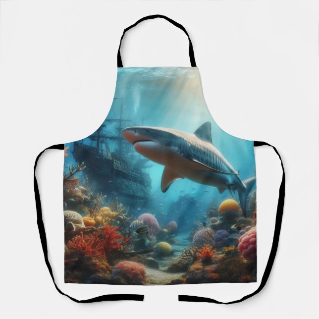 Tablier Requin tigre côtier/nautique et récif corallien (Recto)
