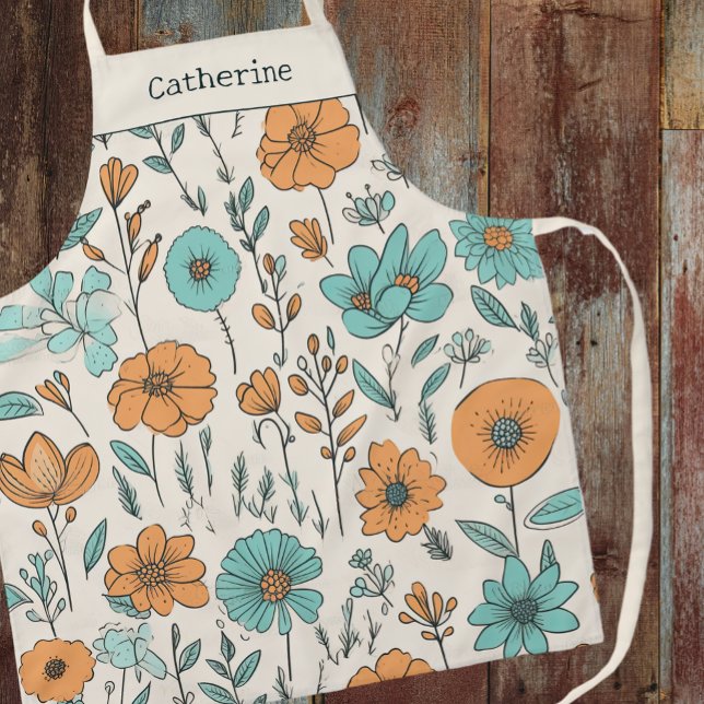 Tablier Retro Boho Floral Pastel Nom (Créateur téléchargé)