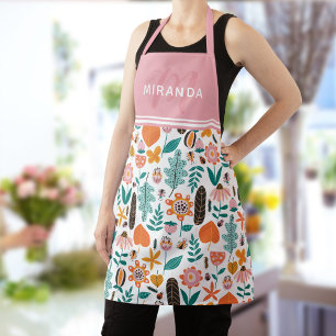 Tablier Retro Bugs & Fleurs Motif Monogramme rose