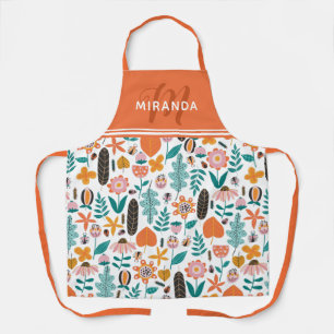 Tablier Retro Bugs & Fleurs Motif Orange Monogramme