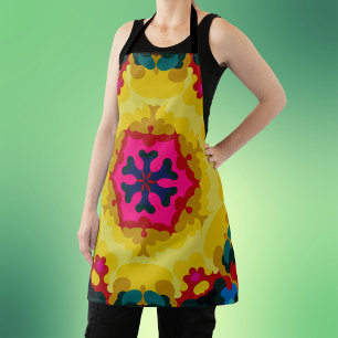 Tablier Rétro Mandala jaune bleu et rose