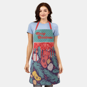 Tablier Retro Noël Imprimer Parties scintillant rouge et o