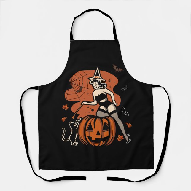 Tablier Retro Witch Pin Up Citrouille Jack-o'-lantern Hall (Recto)
