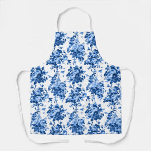 Tablier Romantique Vintage Roses-Bleu sur Blanc