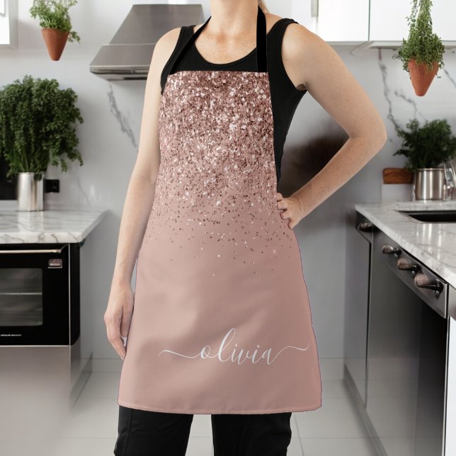 Tablier Rose Gold Blush Rose Pailleté Monogramme Nom (Créateur téléchargé)