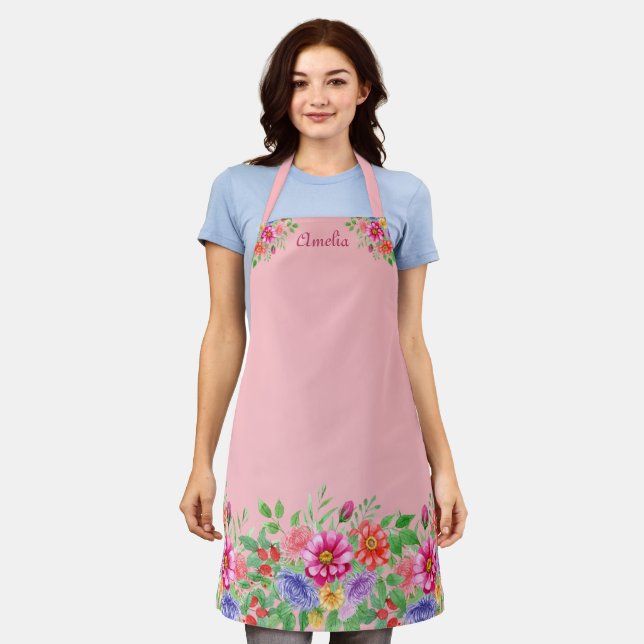 Tablier rose mignon avec Fleurs Aquarelles (Porté)