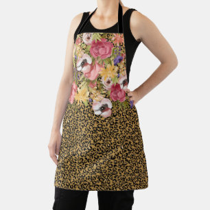 Tablier Rose Pâle Fleur Florale Léopard Doré Jaguar