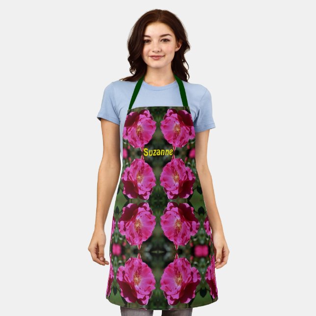 Tablier Rose rose en fleurs complètes Motif personnalisé (Porté)