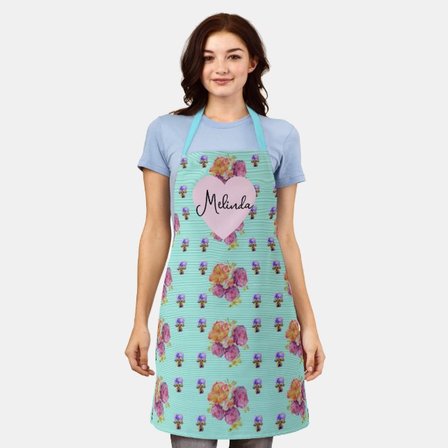 Tablier Rose Rose Fleur Rose Motif Aqua Nom de Femme (Porté)