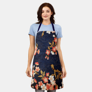 TABLIER ROSE ROUGE BLANC FLEURS DE PRINTEMPS PROFOND BLEU 
