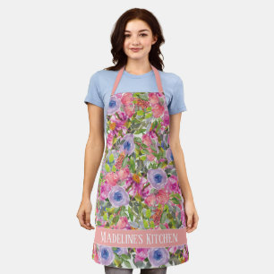 Tablier Rose violet Fleurs Vert Feuilles Boho Cuisine