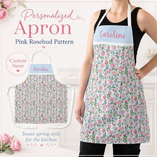 Tablier Rosebud Rose Florale Rayure Bleue Nom pour Elle