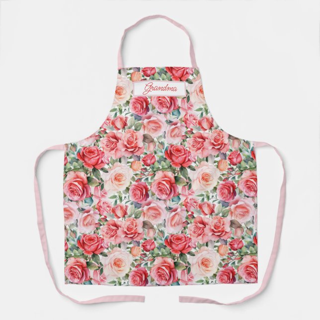 Tablier Roses d'aquarelle rose romantique Personnalisé (Recto)