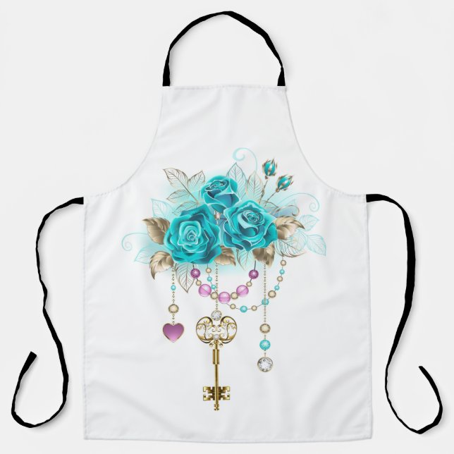 Tablier Roses turquoise avec touches (Recto)