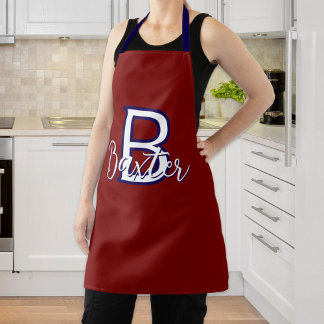 Tablier Rouge Blanc & Bleu Nom et Monogramme Personnalisé