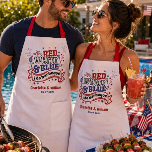 Tablier Rouge Blanc et Bleu je fais du BBQ Couple Enterrem