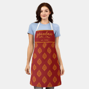 Tablier Rouge et Orange Motif Damassé Vintage Grand-mère E