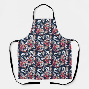 Tablier Rouge, fleurs blanches sur bleu.