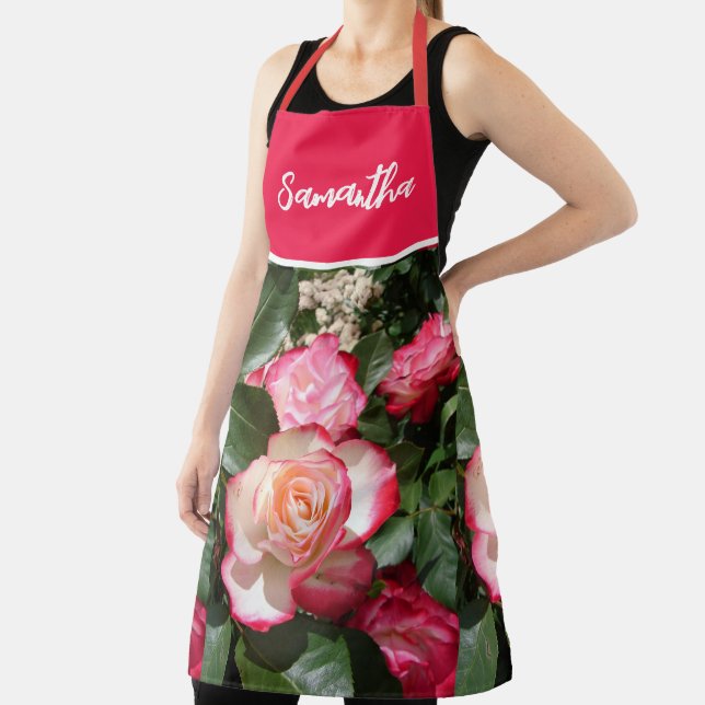 Tablier Rouge Floral et Roses Blanches Rose Cuisine pour f (Insitu)
