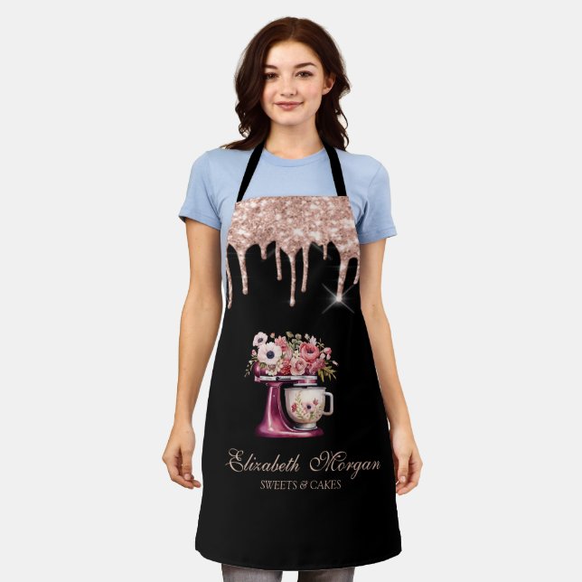 Tablier Rouge Mixer Fleurs Rose Gold Drives Boulangerie No (Porté)