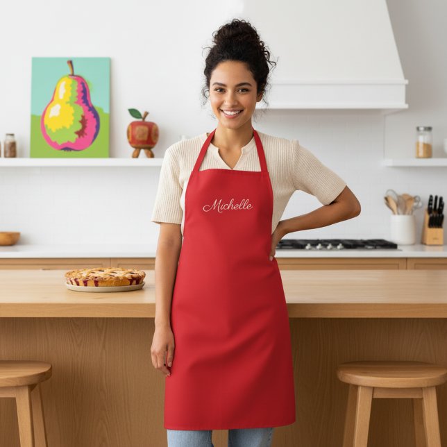 Tablier rouge personnalisé avec nom personnalisé (Personalized red apron with elegant custom name printed in white.)