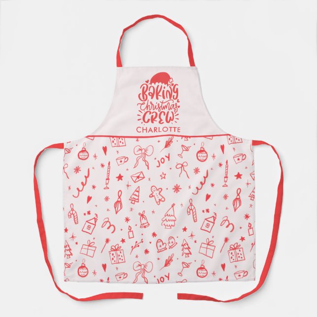 Tablier Rouge rose main tiré Doodle Baking Crew de Noël (Recto)