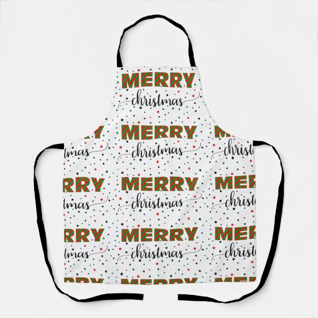 Tablier Rouge Vert rayé Joyeux Étoiles de Noël (Recto)