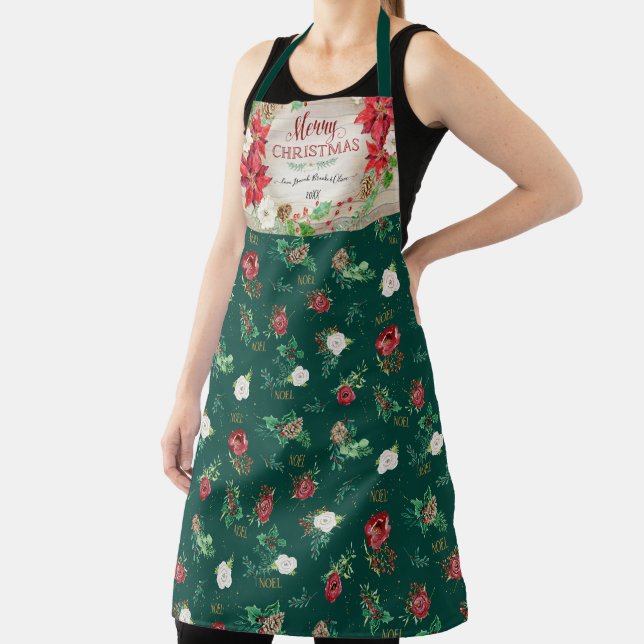 Tablier Rustique Joyeux Noël Bourgogne Poinsettia Floral (Insitu)