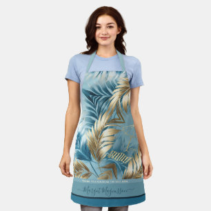 Tablier Sable bleu faux palmier doré feuille texte personn