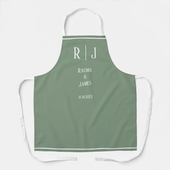 Tablier Sage Green Monogrammes Simple Élégant Mariage tend (Recto)