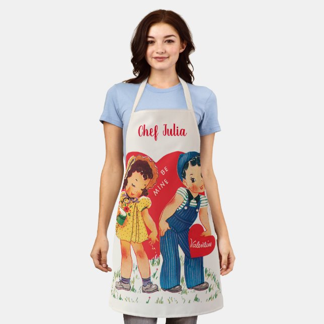 Tablier Saint-Valentin Rétro, coeurs de fille et de garçon (Porté)