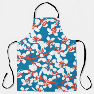 Tablier Sakura blanc, motif arrière - plan bleu classique.