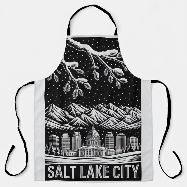 Tablier Salt Lake City Skyline Black and White Woodcut  (Recto)
