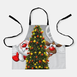 Tablier Santa claus and reindeer behind a christmas tree.j