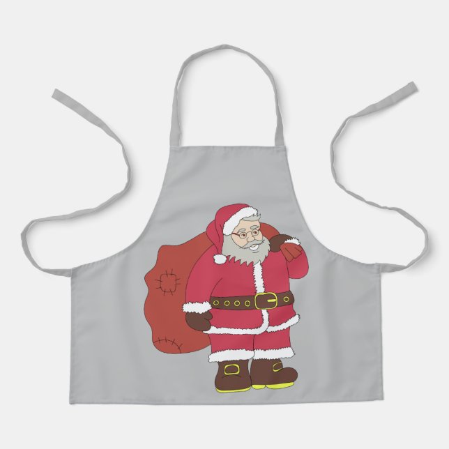 Tablier Santa Claus en rouge avec sac cadeau et lunettes (Recto)
