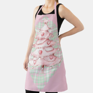 Tablier Sapin de Noël rose à carreaux verts et roses