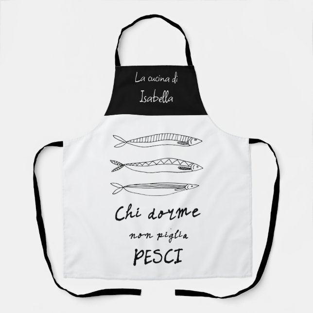 Tablier Sardines de cuisine italienne design en noir (Recto)