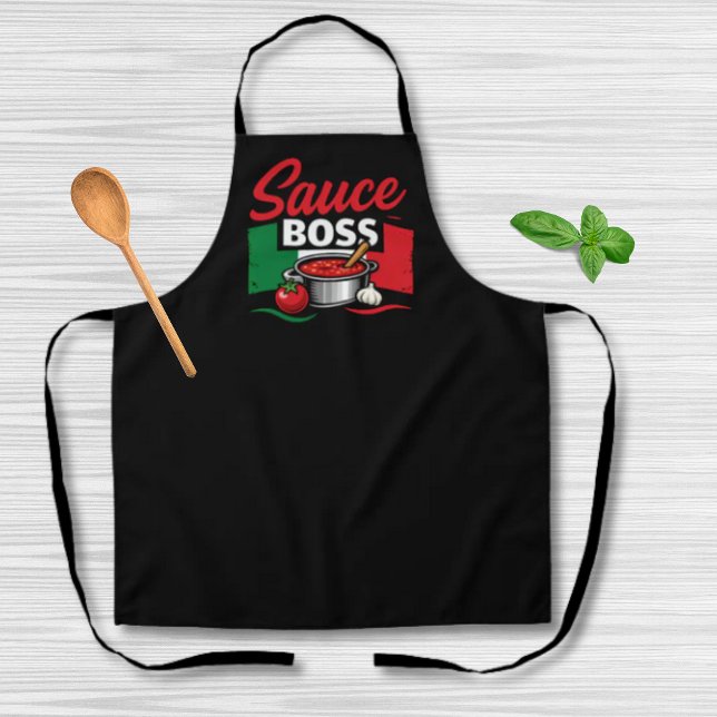 Tablier Sauce Boss - Funny Italian Black (Sauce Boss Funny Italian Black Apron with Italian Flag and illustration of sauce pot, tomato garlic)