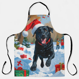 Tablier Scène de neige festive de Noël avec Labrador noir