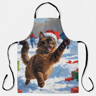 Tablier Scène de neige festive de Noël avec un chat abyssi