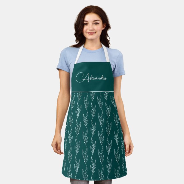 Tablier Script floral Turquoise moderne à feuilles de tabl (Porté)
