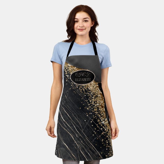 Tablier Sequins dorés élégants Marbre noir (Porté)