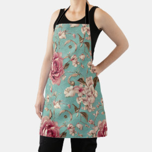 Tablier Shabby Chic Fleurs Roses et Blanches sur Teal