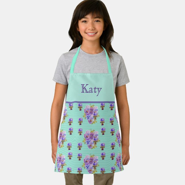Tablier Shabby Flower Aqua Art Stripe floral Kids Apron (Insitu)