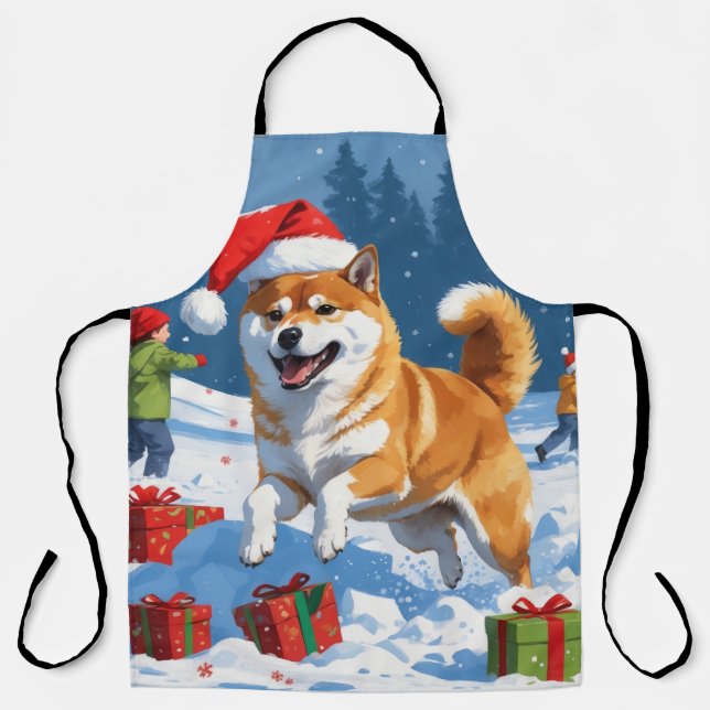 Tablier Shiba Inu coule en neige avec le Casquette de Noël (Recto)