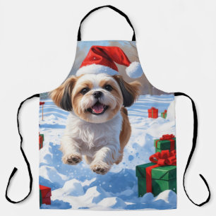 Tablier Shih Tzu courant dans la neige avec un chapeau de 