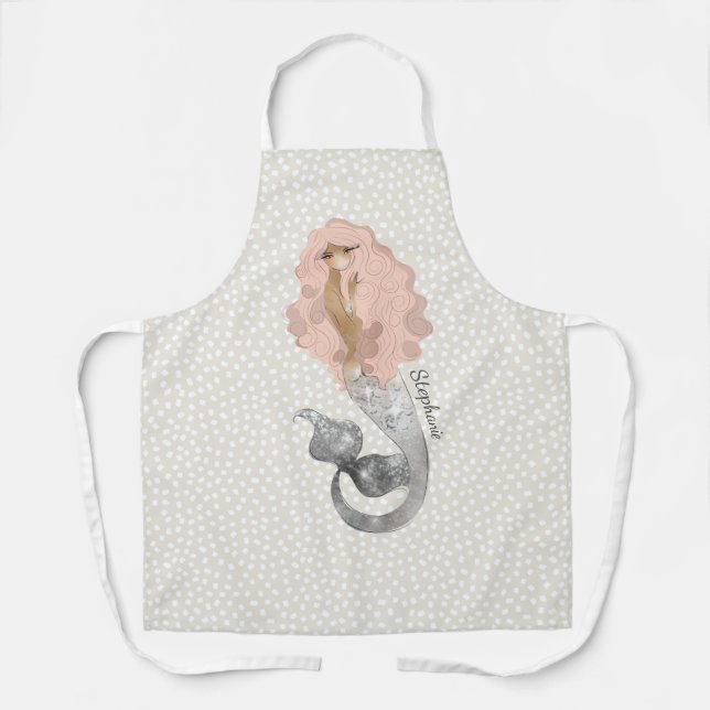Tablier Sirène marine avec cheveux roses et nom (Recto)