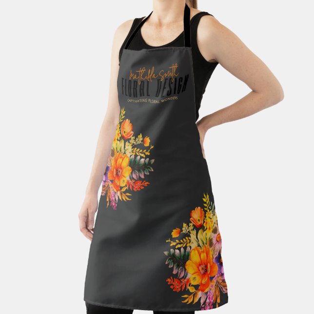 Tablier Sophisticated Floral Design Black Orange Flowers  (Insitu)