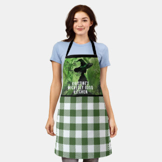 Tablier Sorcière peinte méchamment bien en gingham vert à 